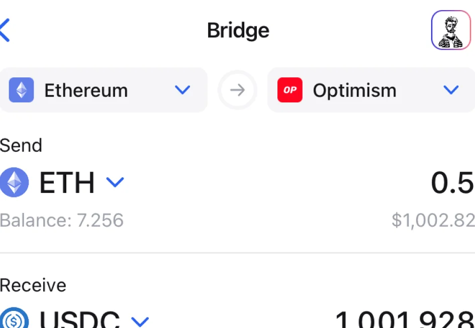 Zerion Wallet bridge screen sending 0.5 ETH from Ethereum and receiving USDC on Optimism, with the bridge time and fees shown