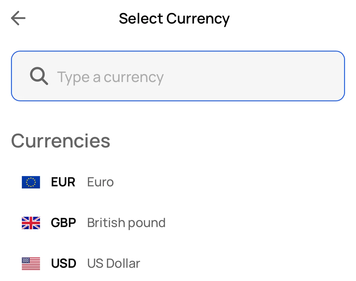 The buy flow in Zerion Wallet, choosing a fiat currency from a searchable list