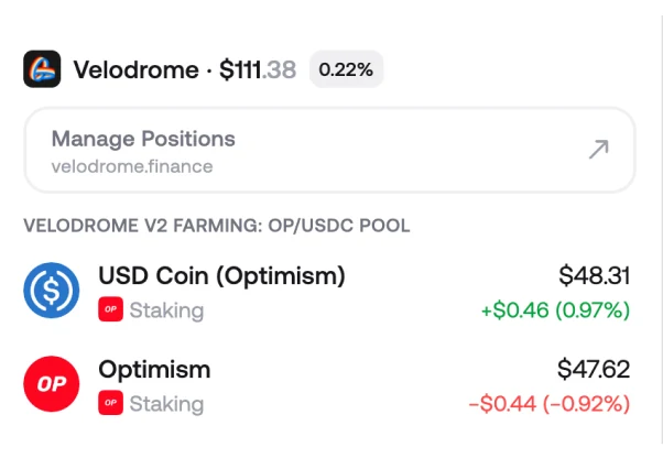 A Velodrome farming position on Optimism in Zerion Wallet, with its staked assets and rewards itemised