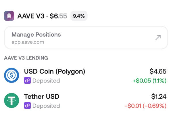 An Aave V3 lending position on Polygon in Zerion Wallet, with its deposited assets itemised