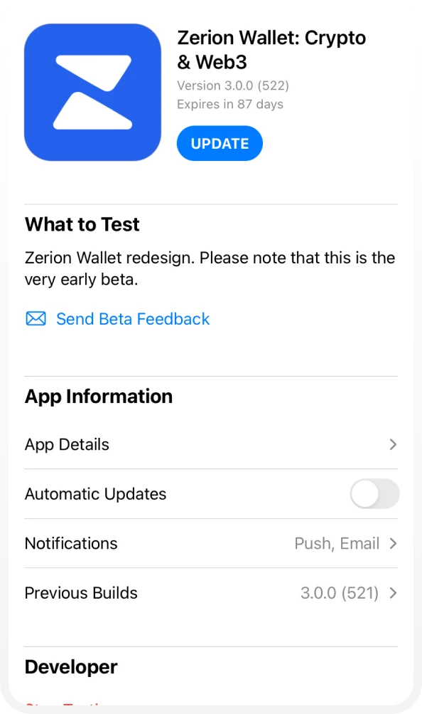 Zerion Wallet beta build in TestFlight, with release notes and a link to send beta feedback