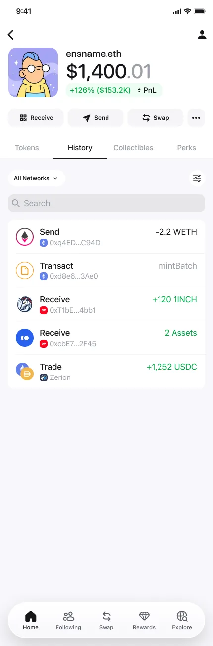 Zerion Wallet history tab — sends, receives, and trades across every network, each labelled in plain language