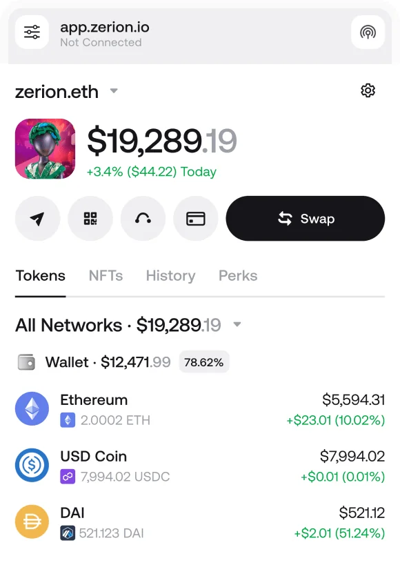 Zerion browser extension showing a portfolio across all networks while connected to a website