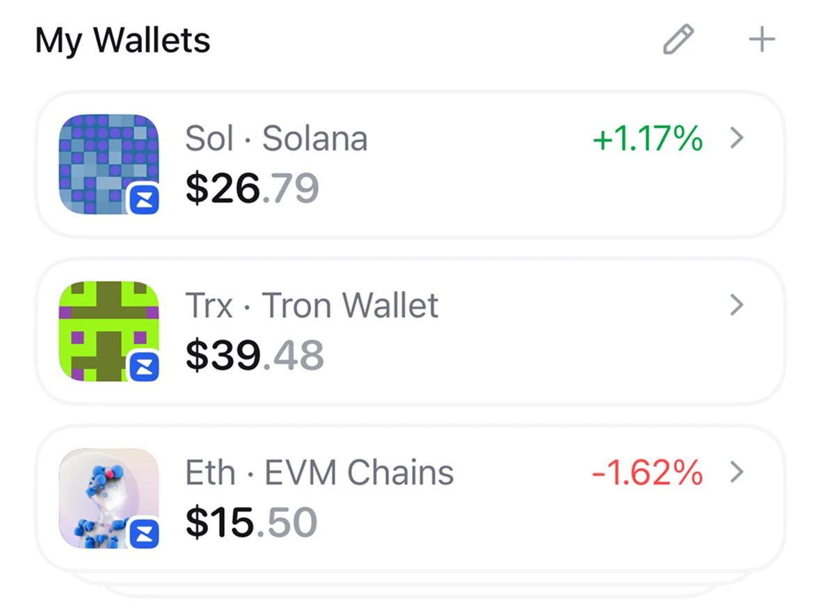 The wallet switcher in Zerion Wallet listing Solana, Tron, and EVM addresses with their balances
