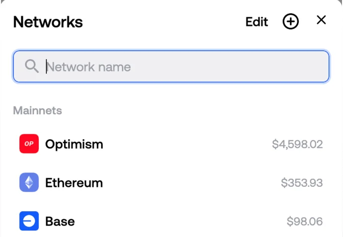 Zerion Wallet network list with per-chain balances for Optimism, Ethereum, Base and zkSync Era