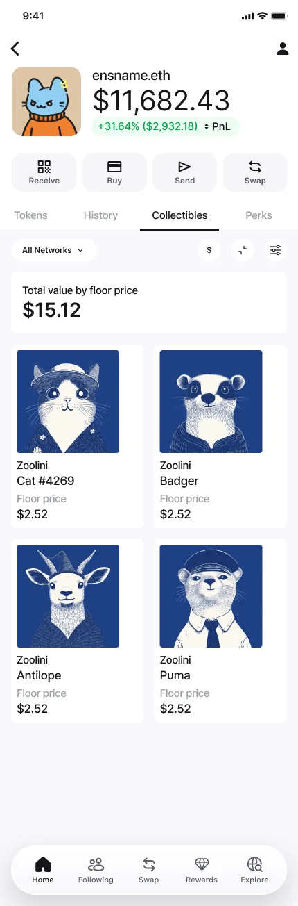 Zerion Wallet collectibles tab — an NFT grid across all networks, each valued at floor price