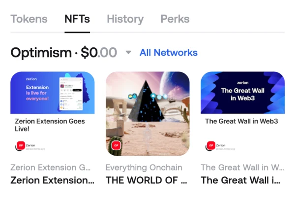 The NFTs tab in Zerion Wallet showing Optimism collectibles with their names and values