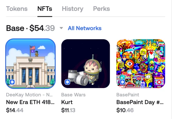 The NFTs tab in Zerion Wallet showing Base collectibles with their names and values