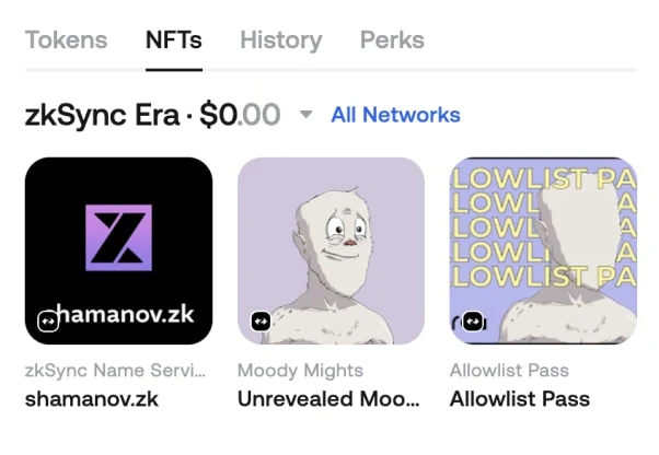 The NFTs tab in Zerion Wallet showing zkSync Era collectibles, including a zkSync name, with their values