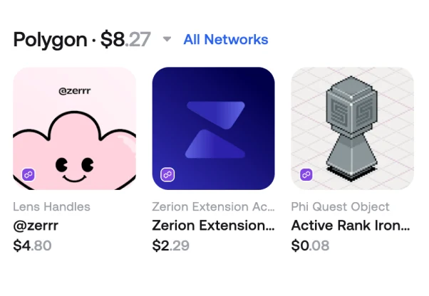 The NFTs tab in Zerion Wallet showing Polygon collectibles with their names and values