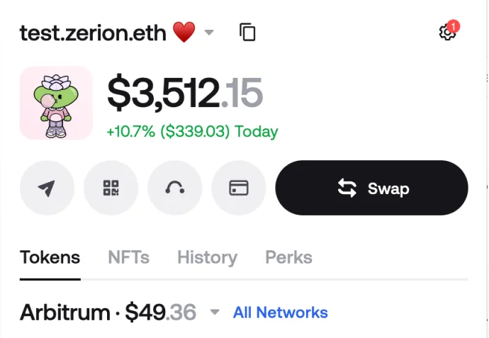 Zerion Wallet extension connected on Arbitrum, showing a $3,512.15 portfolio total and token balances
