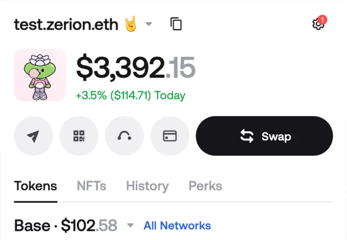 Zerion Wallet extension showing a $3,392.15 portfolio total, +3.5% today, and token balances below