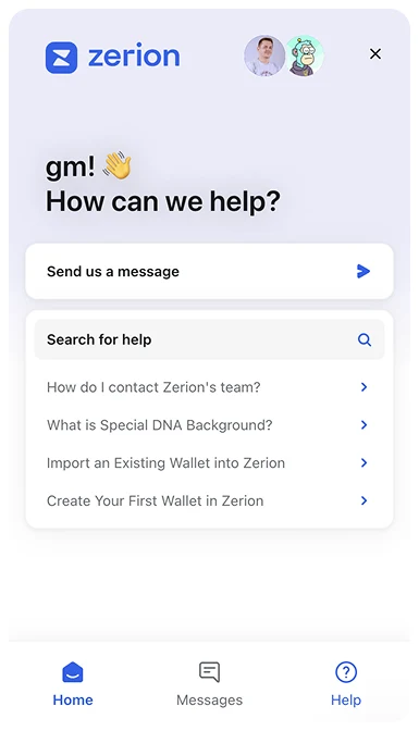 Zerion support chat — a message box and a searchable help centre