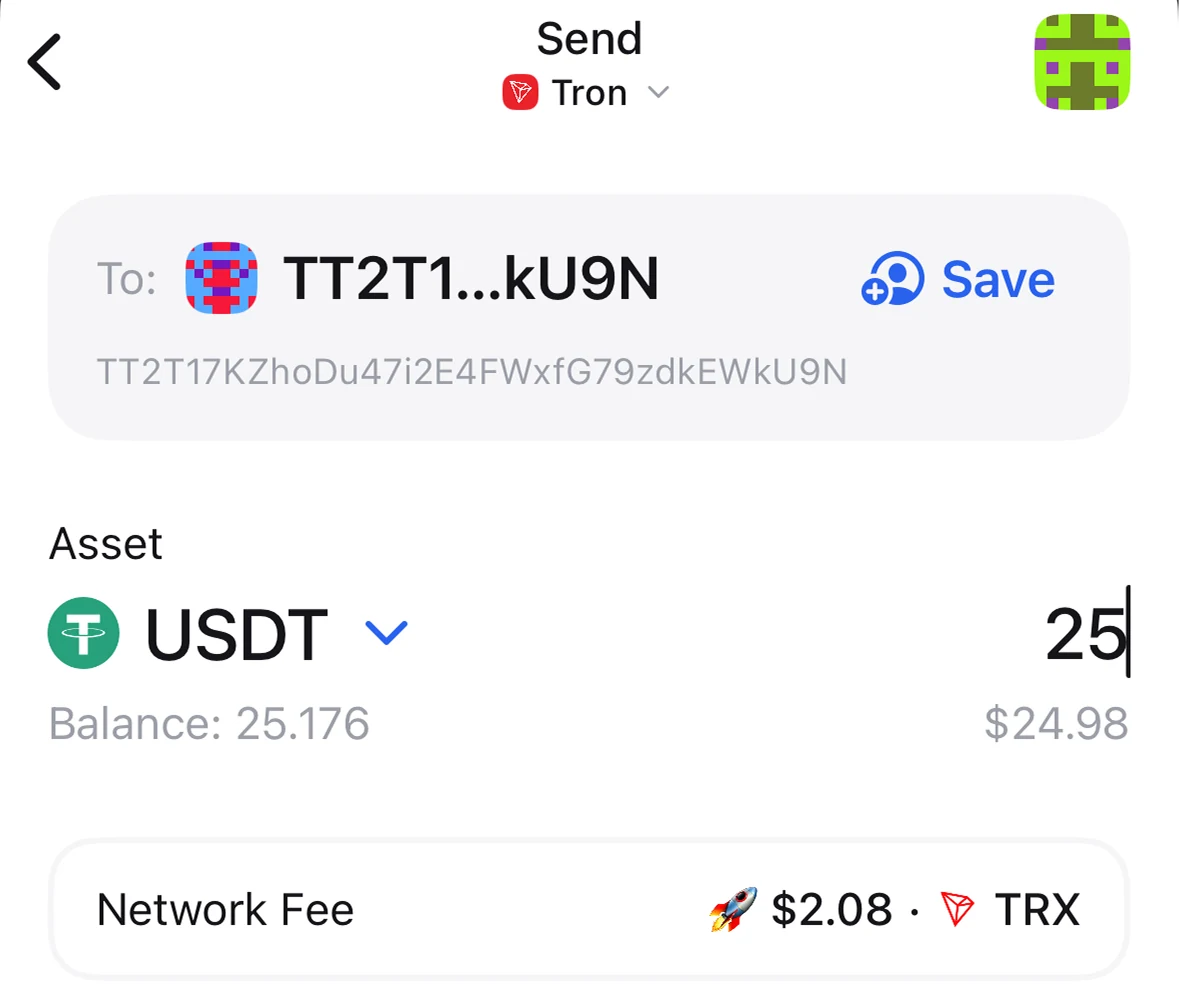 Sending USDT on Tron in Zerion Wallet, with the saved recipient, amount, and network fee shown before signing