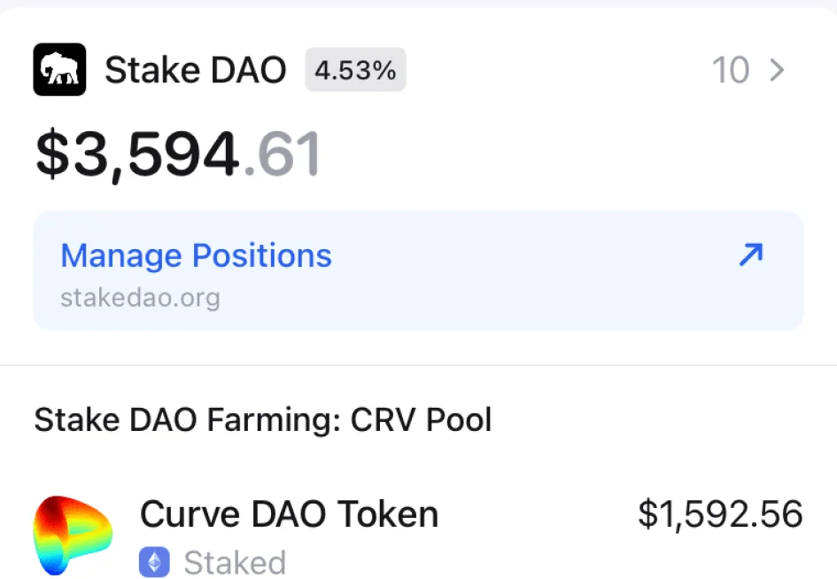 Zerion Wallet showing a Stake DAO position worth $3,594.61 and a staked Curve DAO Token balance