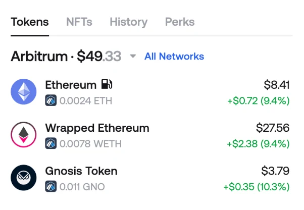 Zerion Wallet token list showing ETH, wrapped ETH and other balances with 24-hour price changes