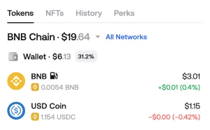 Zerion Wallet token list filtered to BNB Chain, showing BNB and stablecoin balances with 24-hour changes