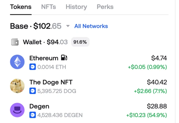 Zerion Wallet token list filtered to Base, showing balances and 24-hour price changes