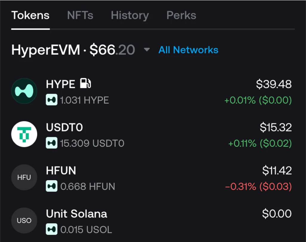 Zerion Wallet token list filtered to HyperEVM, showing HYPE and stablecoin balances with 24-hour changes