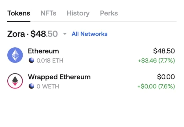 Zerion Wallet token list filtered to Zora, showing ETH and wrapped ETH balances