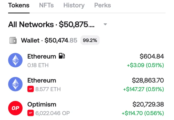 Zerion Wallet token list showing ETH and OP balances with 24-hour price changes