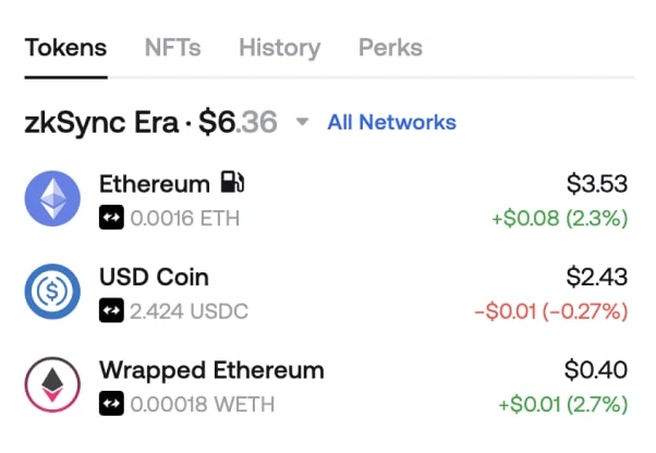 Zerion Wallet token list filtered to zkSync Era, showing ETH and stablecoin balances with 24-hour changes